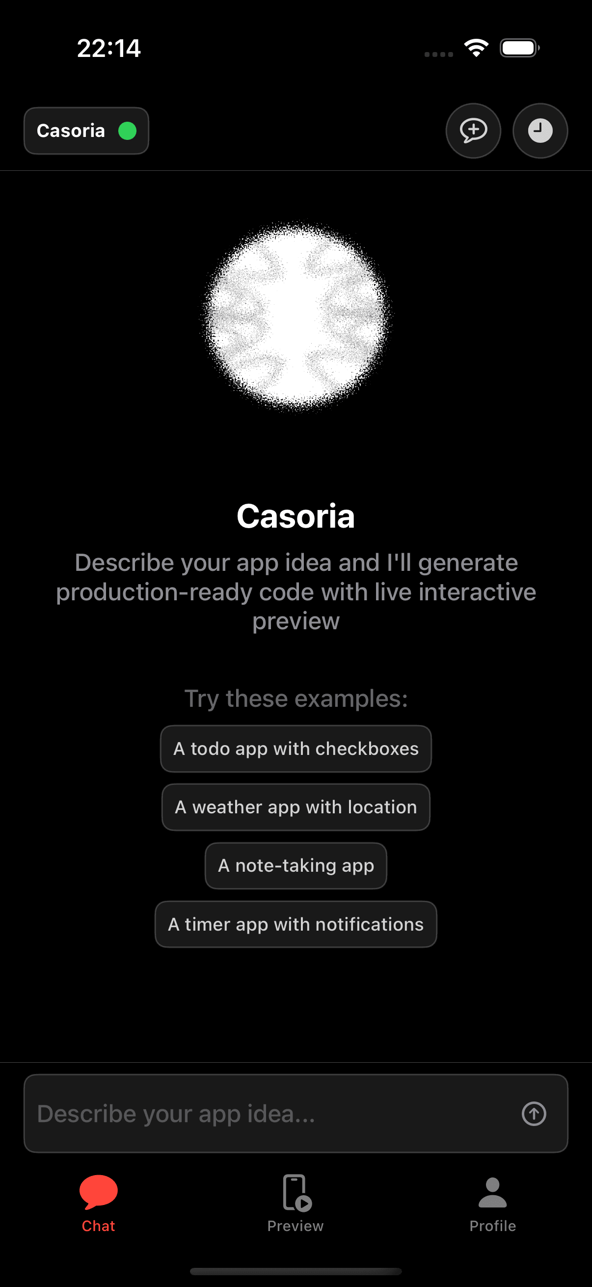 Casoria app interface showing AI-powered app building tools